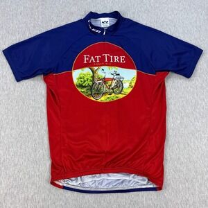 Vintage Voler Fat Tire Ale Cycling Jersey Men M Red Blue 3/4 Zip New Belgium USA